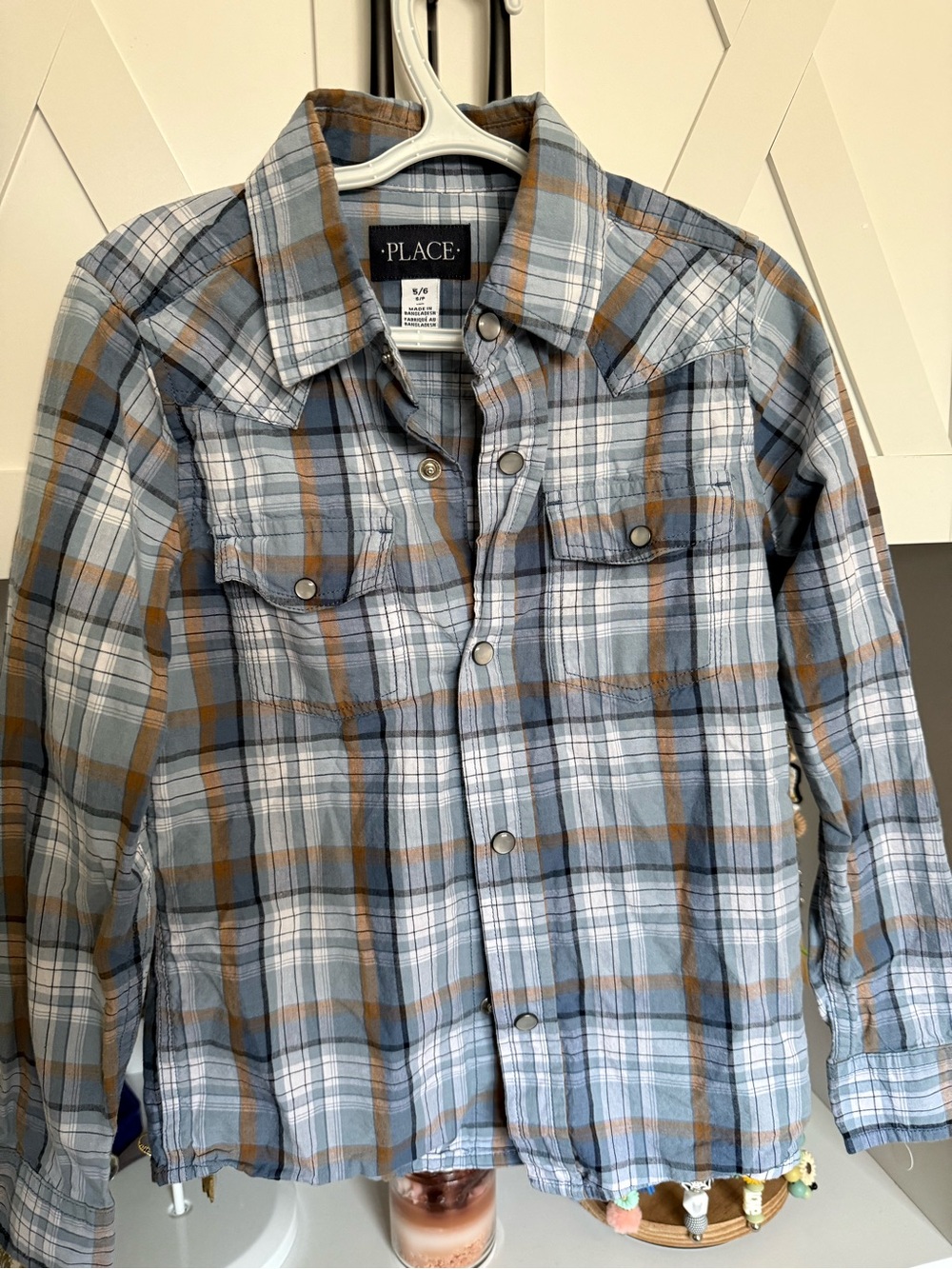 The Children's Place Light Blue & Brown Plaid Snap-Front Shirt